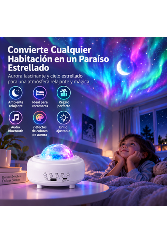 Proyector de estrellas Aurora con bocina Bluetooth, luz nocturna de galaxia y proyector de cielo estrellado